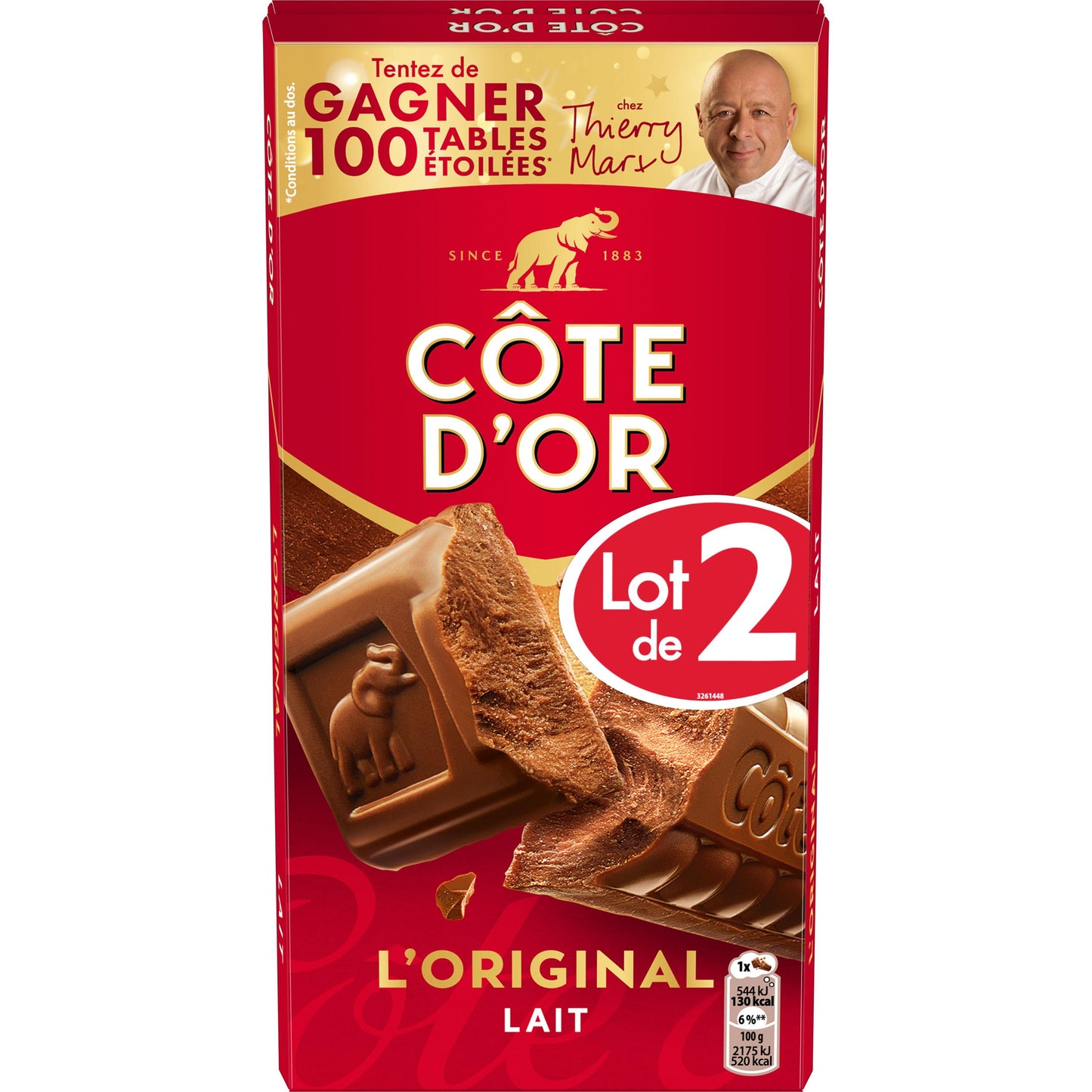 Tablette de Chocolat Lait L'original COTE D'OR lot de 2 X 9