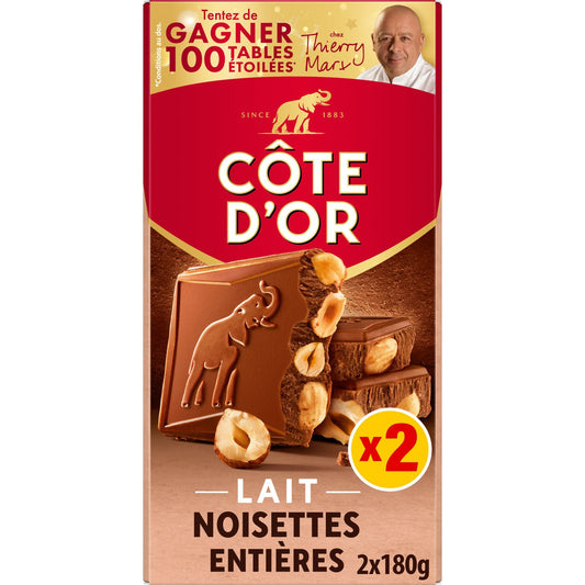 COTE D'OR
Tablette de chocolat au lait et noisettes
2x180g2 pièces x 9